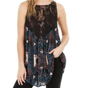 NWT Free People Black Lace Count Me In Trapeze Pattern Sleeveless Tunic Top XS